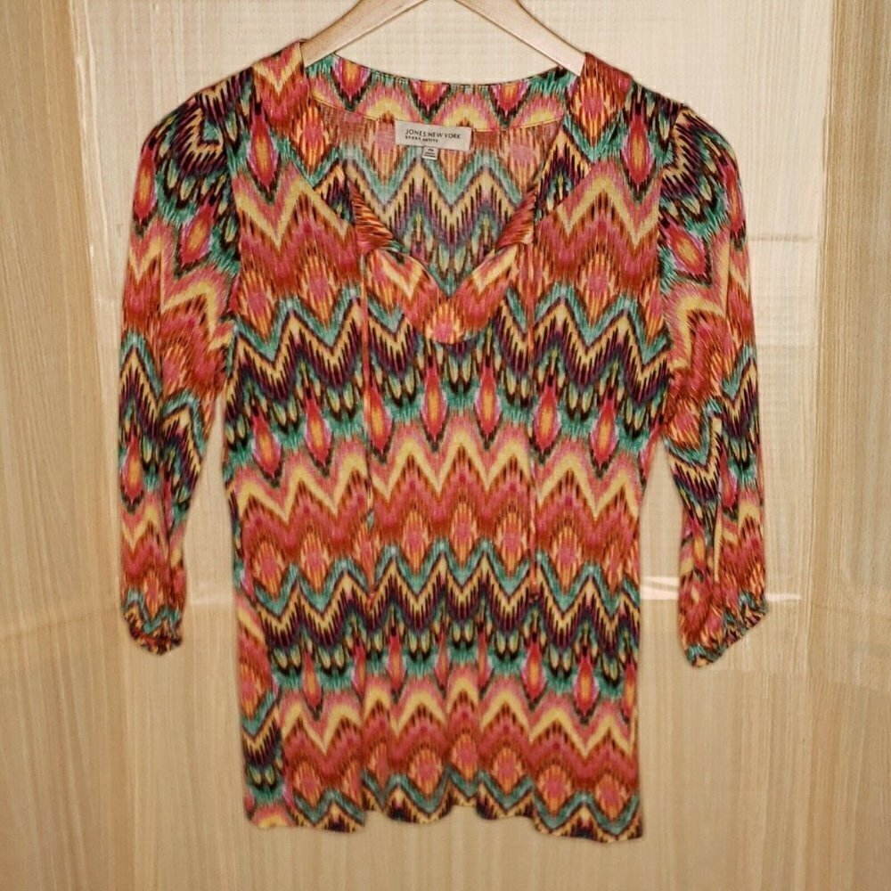 Jones New York Petite Womens Colorful Southwestern 3/4 Sleeve Top Small